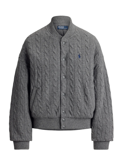 RALPH LAUREN WOMEN Cable-Knit Wool-Cashmere Snapped Jacket Flannel Grey Heather